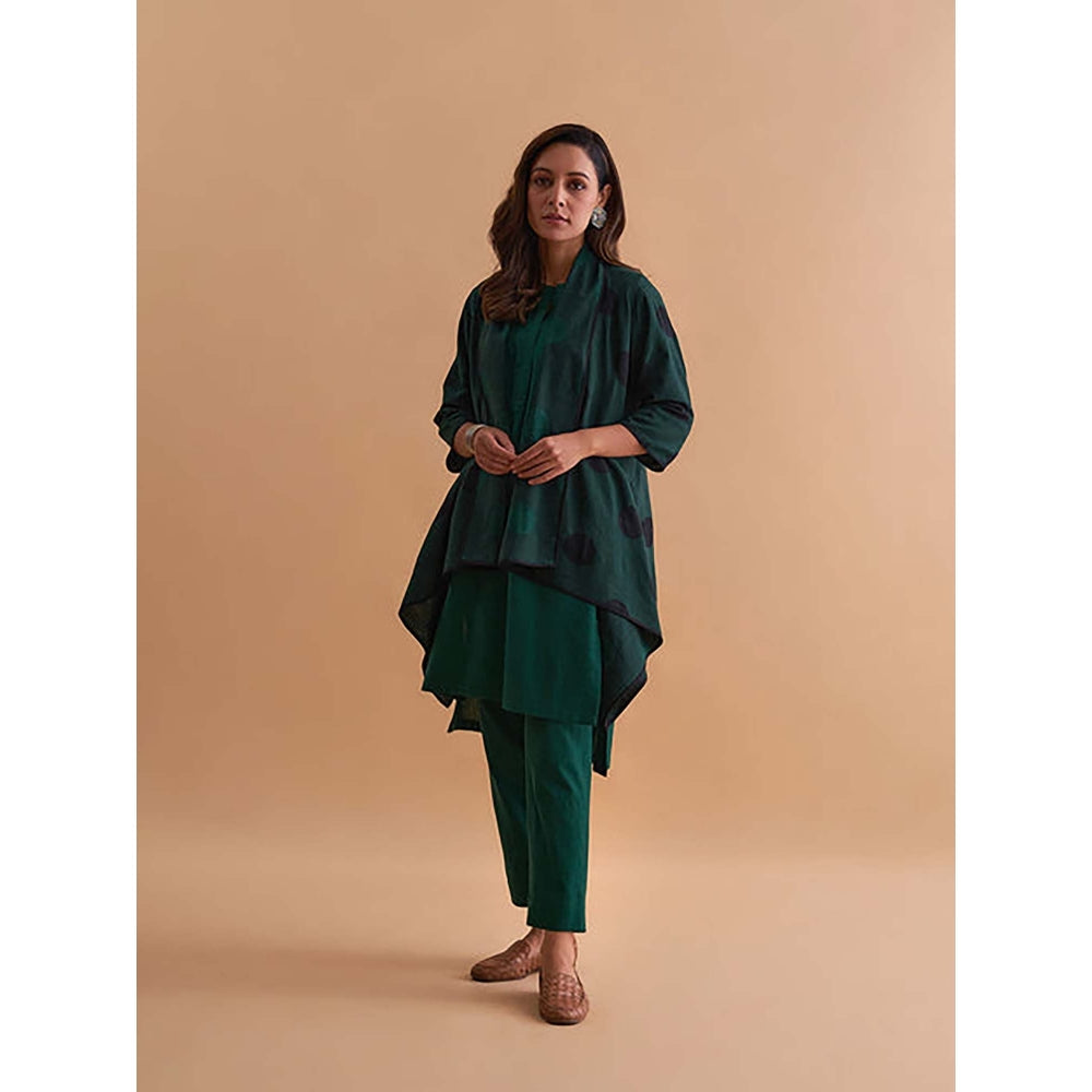 Vaaya Emerald Green And Black Handwoven Polka Dot Reversible Cape