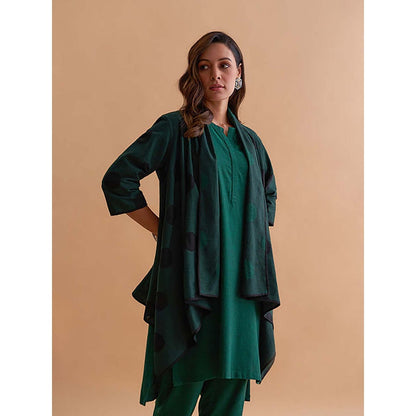 Vaaya Emerald Green And Black Handwoven Polka Dot Reversible Cape
