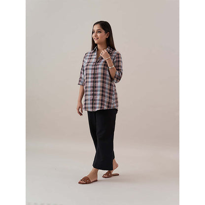 Vaaya Black And Brown Check Pure Linen Shirt