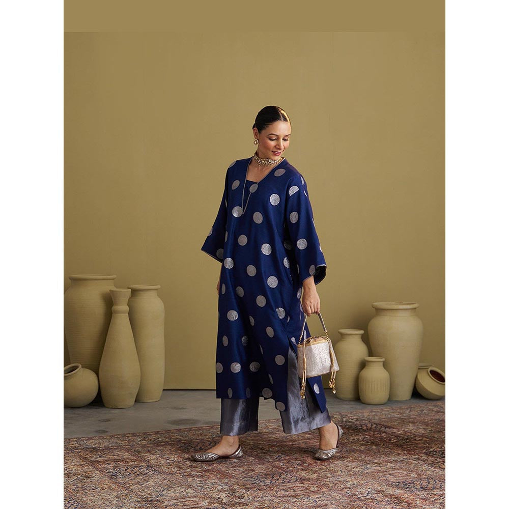 Vaaya The Ink Blue Polka Banarasi Muga Silk Kurta and Palazzo Set
