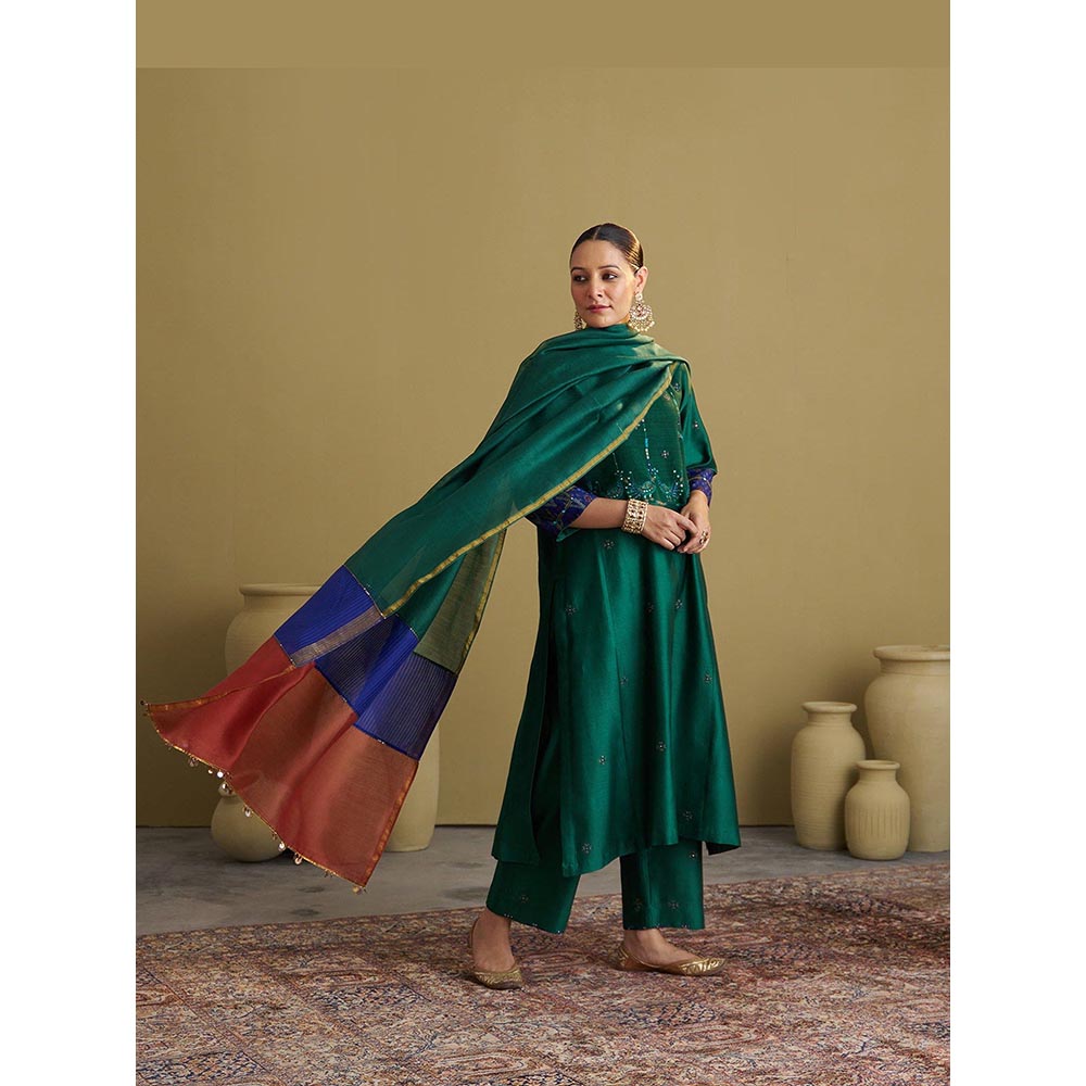 Vaaya Morni Silk Chanderi Green Kurta with Pant and Dupatta
