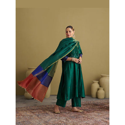 Vaaya Morni Silk Chanderi Green Kurta with Pant and Dupatta