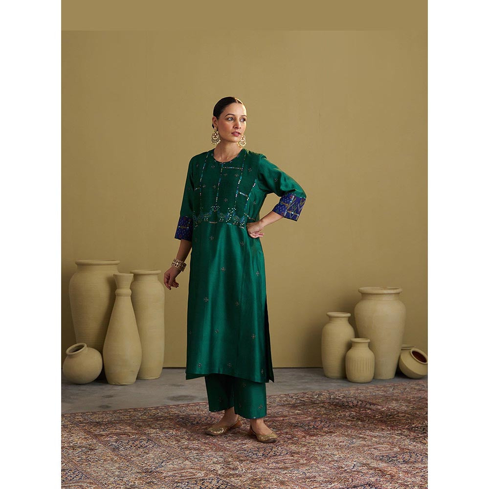 Vaaya Morni Silk Chanderi Green Kurta with Pant and Dupatta