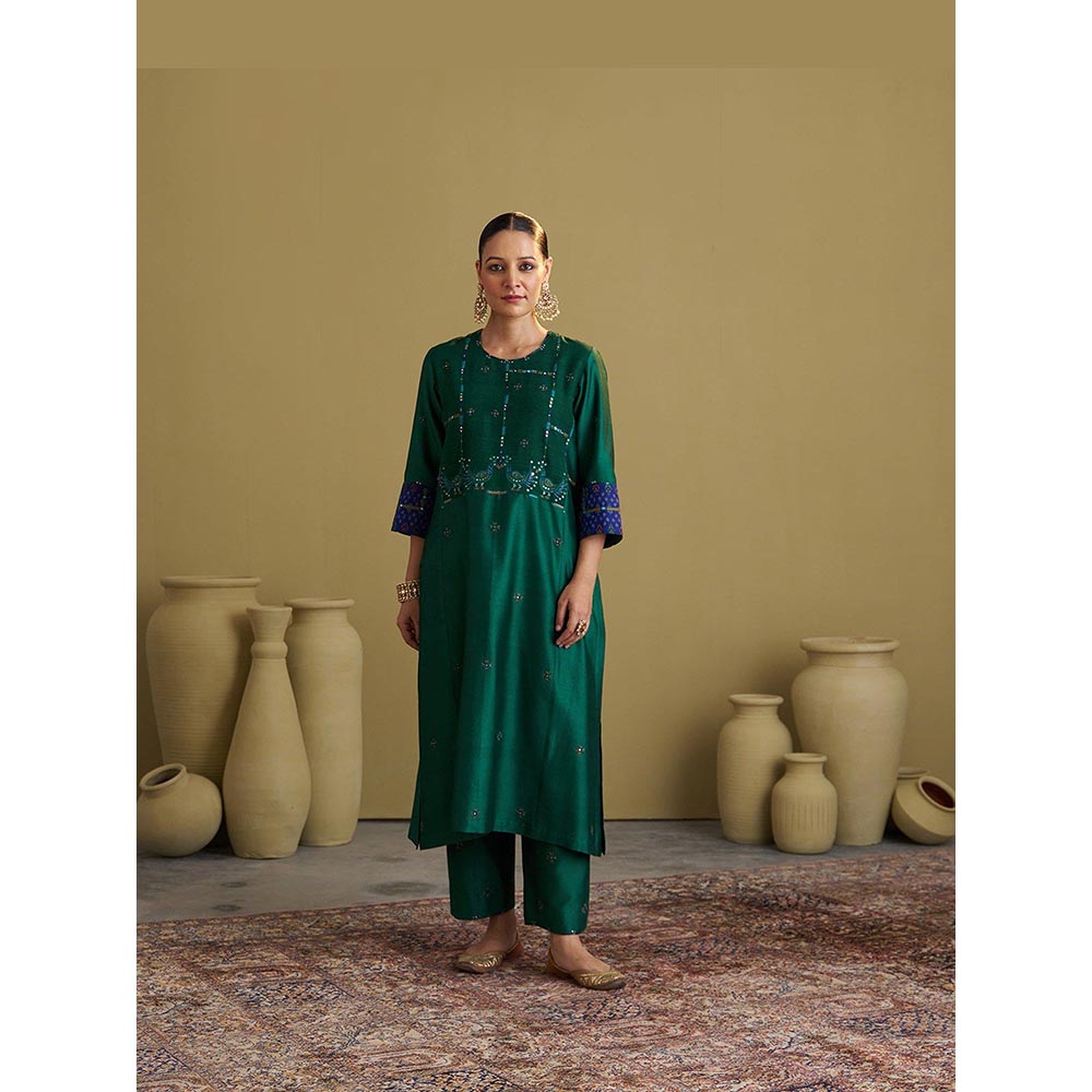 Vaaya Morni Silk Chanderi Green Kurta with Pant and Dupatta