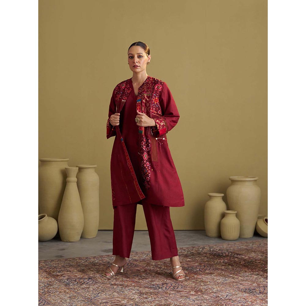 Vaaya Silk Cotton Burgundy Kurta With Pant And Jacket