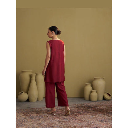 Vaaya Silk Cotton Burgundy Kurta With Pant And Jacket