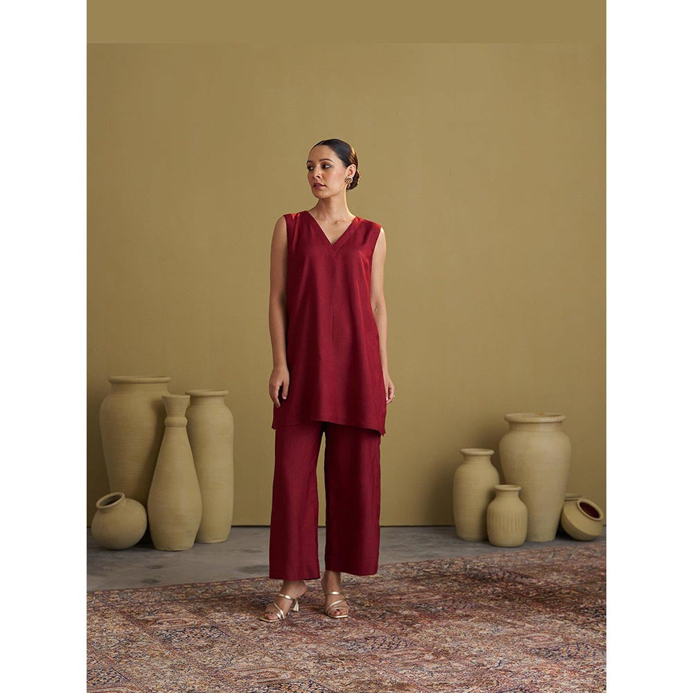 Vaaya Silk Cotton Burgundy Kurta With Pant And Jacket