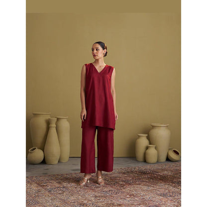 Vaaya Silk Cotton Burgundy Kurta With Pant And Jacket