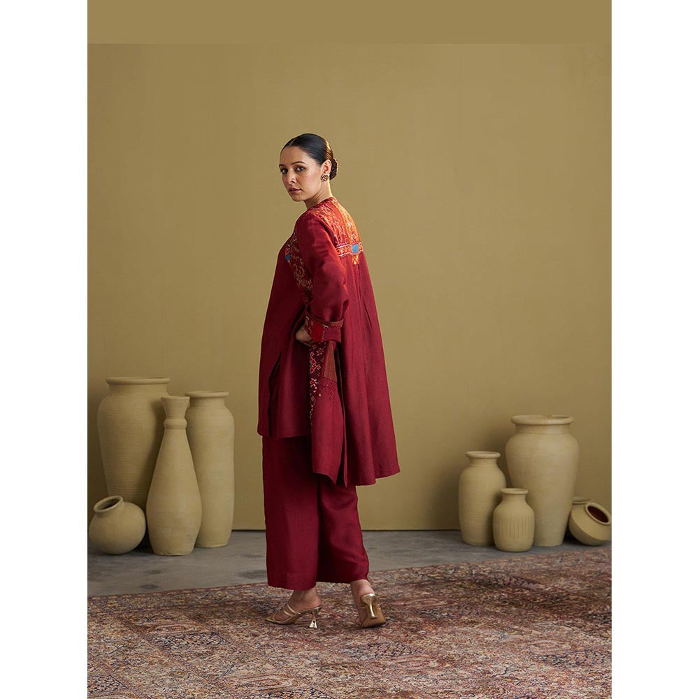 Vaaya Silk Cotton Burgundy Kurta With Pant And Jacket