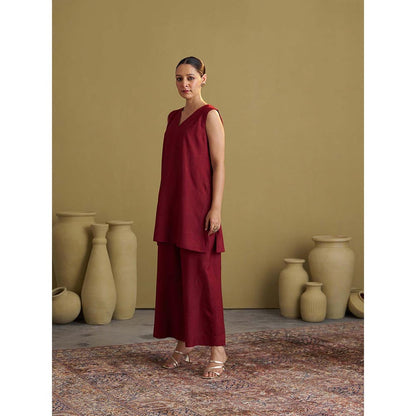 Vaaya Silk Cotton Burgundy Kurta With Pant And Jacket