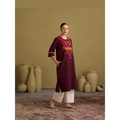 Vaaya Burgundy Handwoven Cotton and Ikat Handwork Kurta and Palazzo Set