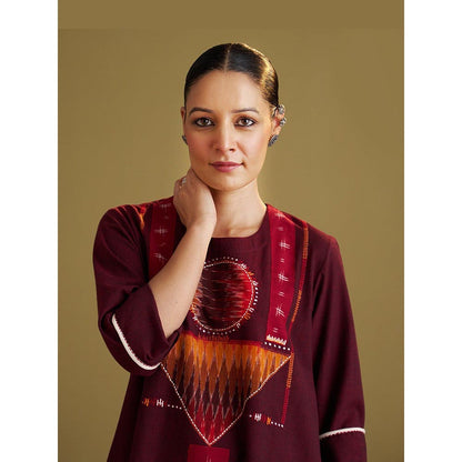 Vaaya Burgundy Handwoven Cotton and Ikat Handwork Kurta and Palazzo Set