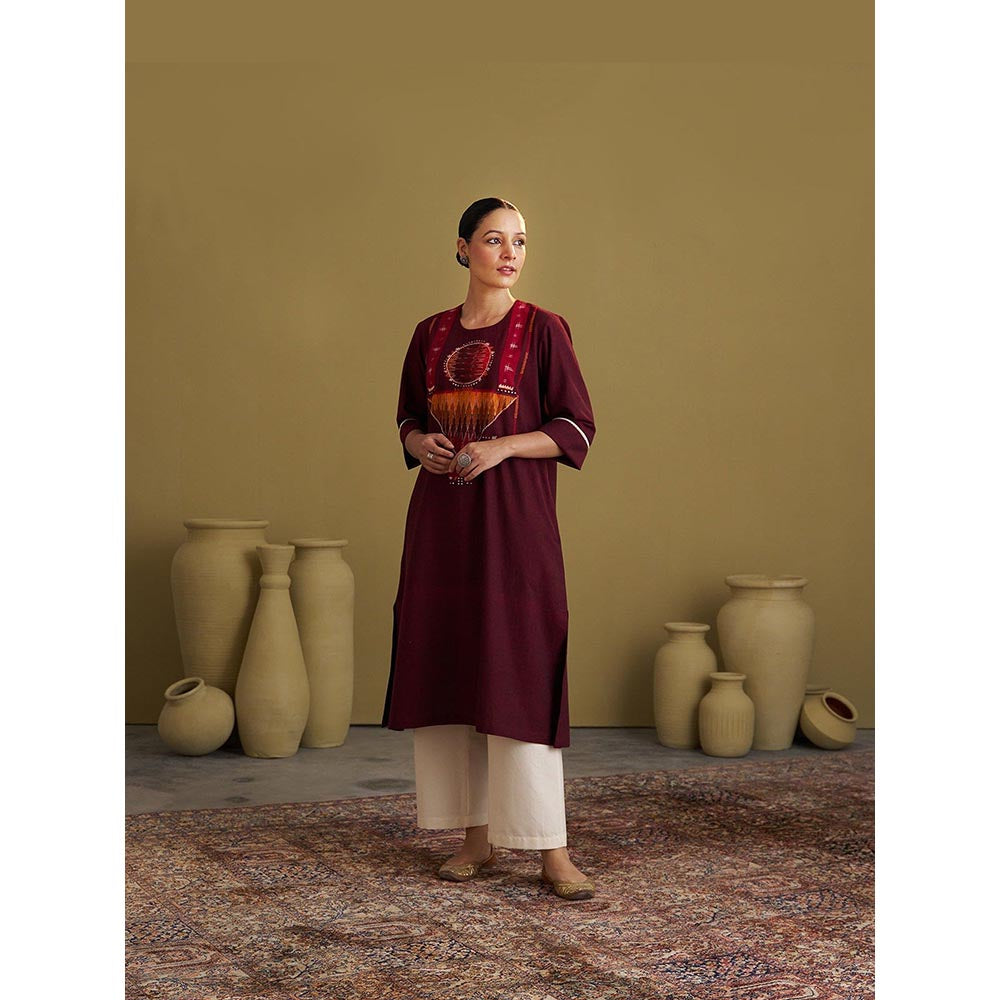 Vaaya Burgundy Handwoven Cotton and Ikat Handwork Kurta and Palazzo Set