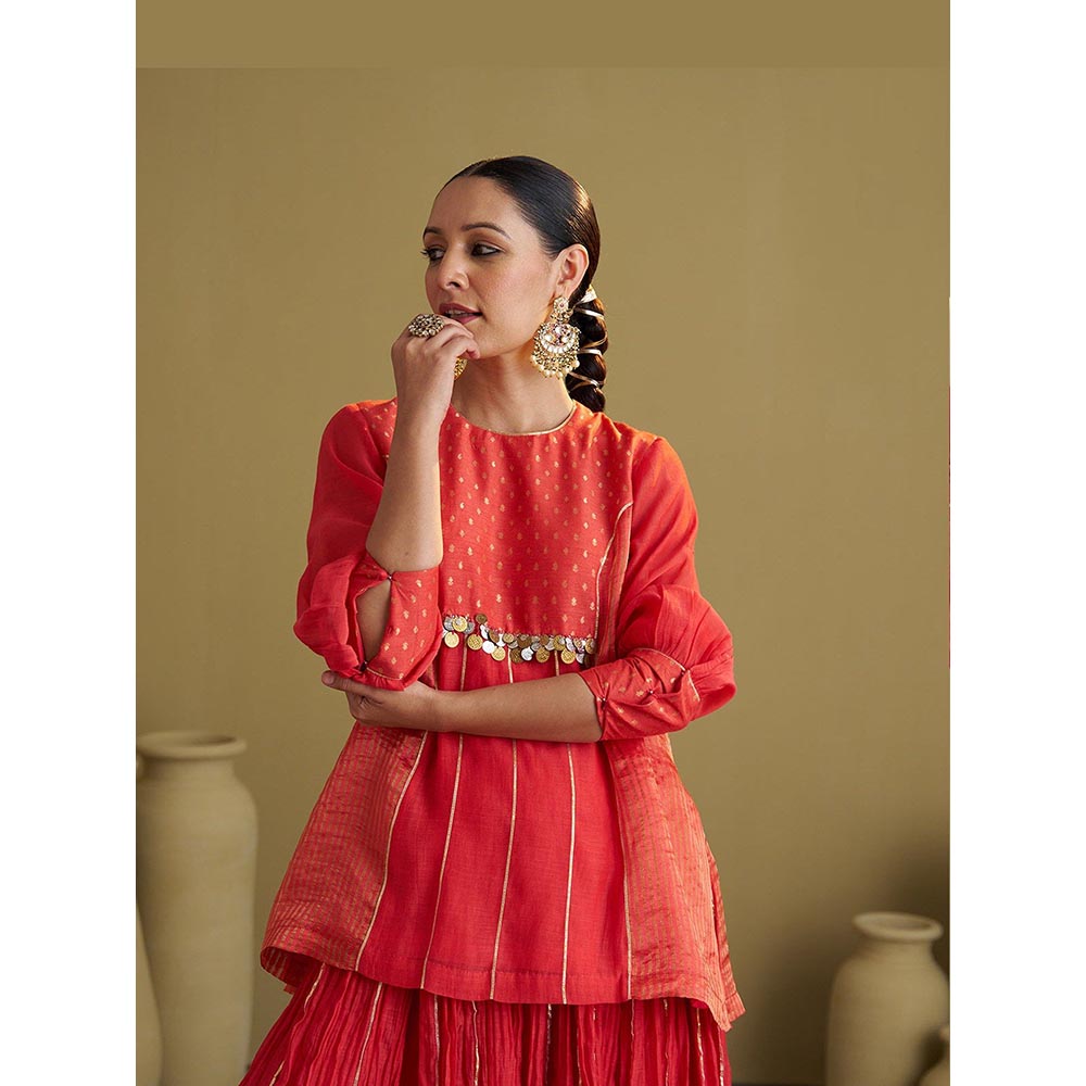 Vaaya The Alta Red Silk Chanderi and Banarasi Top with Handwork