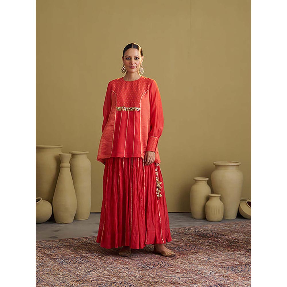 Vaaya The Alta Red Crushed Chanderi Gota Kurti with Lehenga