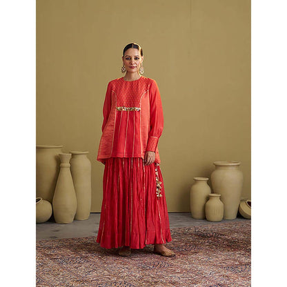 Vaaya The Alta Red Crushed Chanderi Gota Kurti with Lehenga