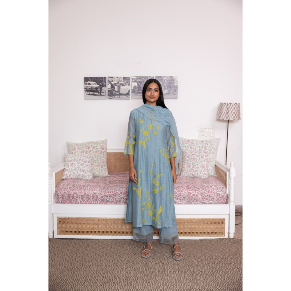 Vaayu Azure Floral Applique Kurta with Pant & Dupatta (Set of 3)