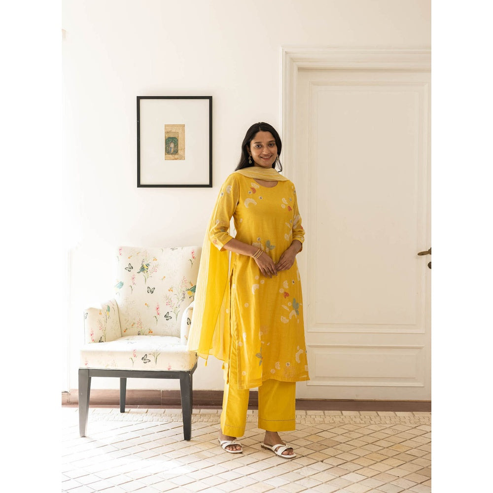 Vaayu Rue Floral Embroidered Kurta with Pant and Dupatta (Set of 3)