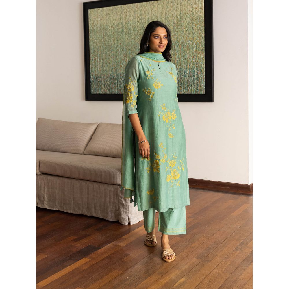 Vaayu Green Floral Embroidered Kurta with Palazzo and Dupatta (Set of 3)