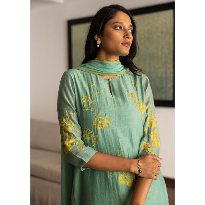 Vaayu Green Floral Embroidered Kurta with Palazzo and Dupatta (Set of 3)