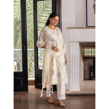 Vaayu Pearl Ivory Embroidered Floral Kurta with Pant and Dupatta (Set of 3)