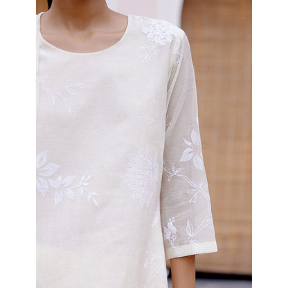 Vaayu White Swan Floral Embroidered Kurta with Pant and Dupatta (Set of 3)