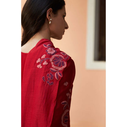 Vaayu Red Crimson Floral Applique Kurta with Pant and Dupatta (Set of 3)