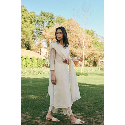 Vaayu White Ecru Embroidered Kurta with Pant and Dupatta (Set of 3)