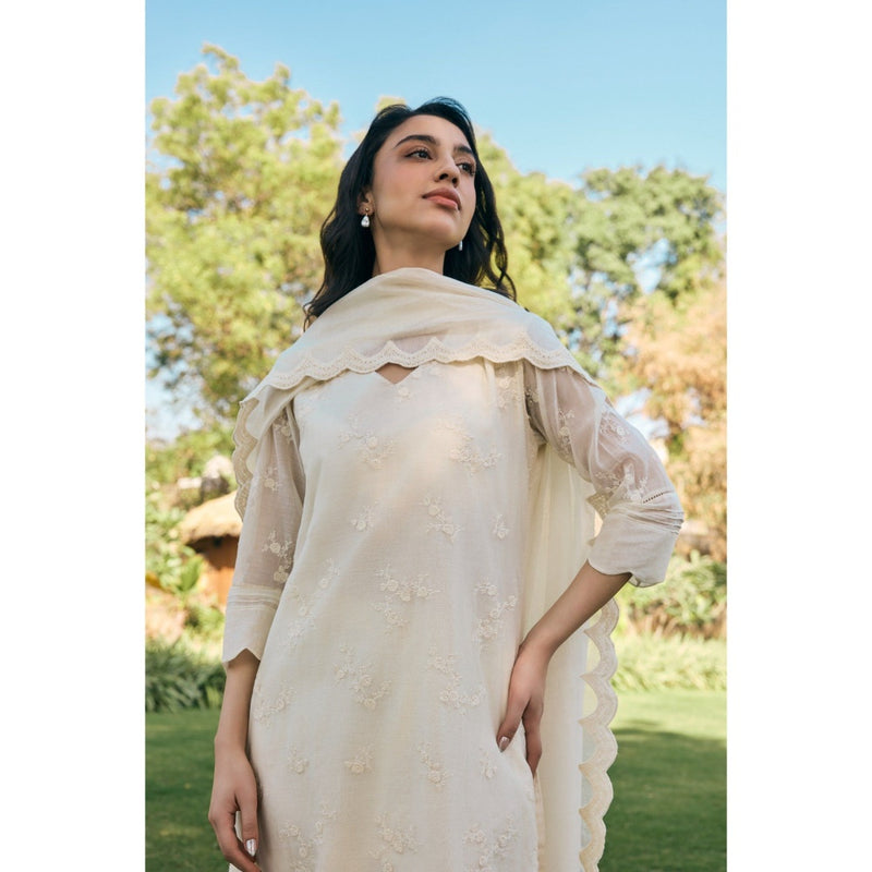Vaayu White Ecru Embroidered Kurta with Pant and Dupatta (Set of 3)