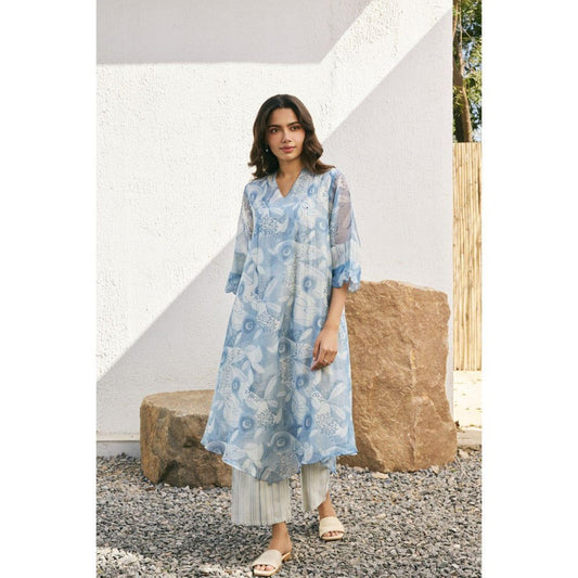 Vaayu Powder Blue Pintuck Kurta with Pant (Set of 2)