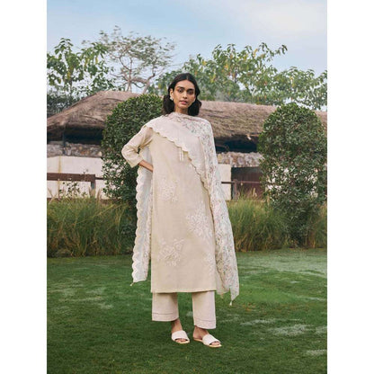 Vaayu Taupe Ecru Floral Kurta with Pant and Dupatta (Set of 3)