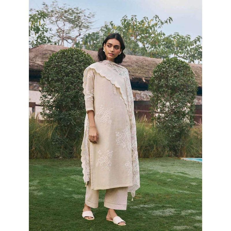 Vaayu Taupe Ecru Floral Kurta with Pant and Dupatta (Set of 3)