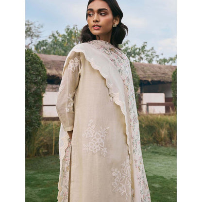 Vaayu Taupe Ecru Floral Kurta with Pant and Dupatta (Set of 3)