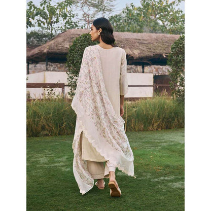 Vaayu Taupe Ecru Floral Kurta with Pant and Dupatta (Set of 3)