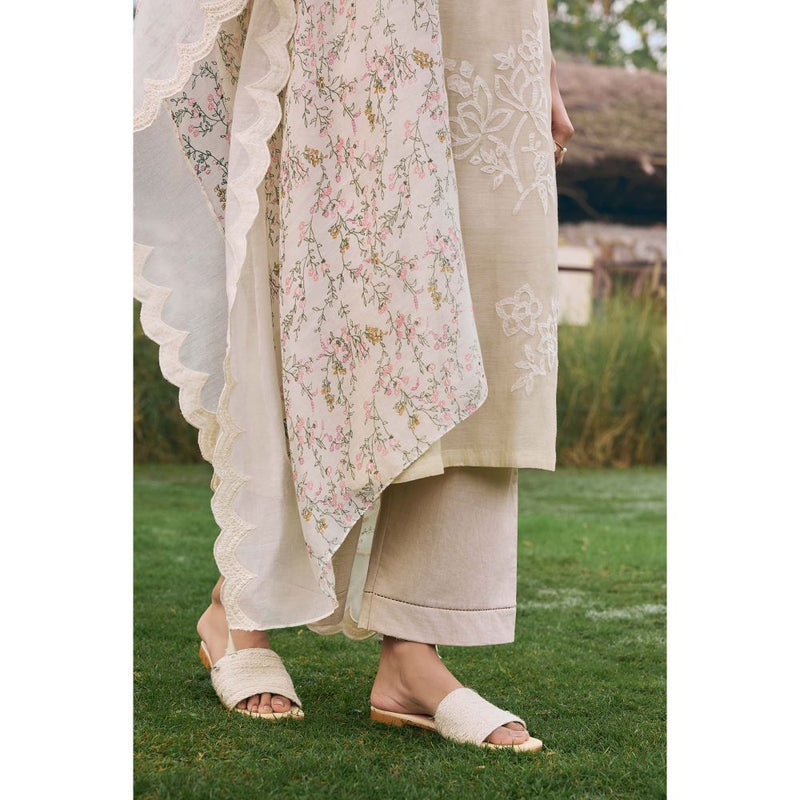 Vaayu Taupe Ecru Floral Kurta with Pant and Dupatta (Set of 3)