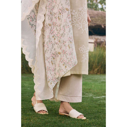 Vaayu Taupe Ecru Floral Kurta with Pant and Dupatta (Set of 3)