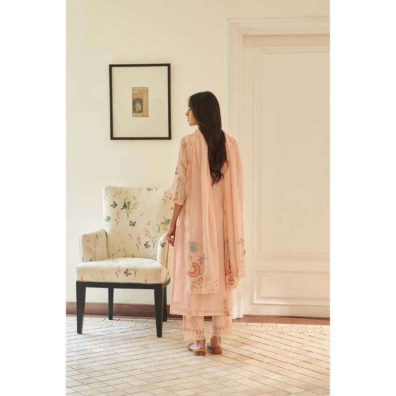 Vaayu Pink Magnolia Applique Embroidered Kurta with Pant and Dupatta