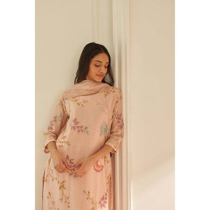 Vaayu Pink Magnolia Applique Embroidered Kurta with Pant and Dupatta