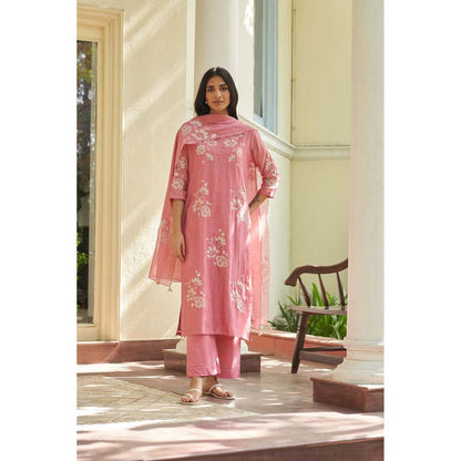 Vaayu Pink Peony Applique Kurta with Pant and Dupatta