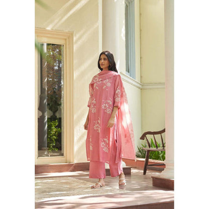 Vaayu Pink Peony Applique Kurta with Pant and Dupatta