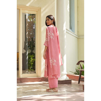 Vaayu Pink Peony Applique Kurta with Pant and Dupatta