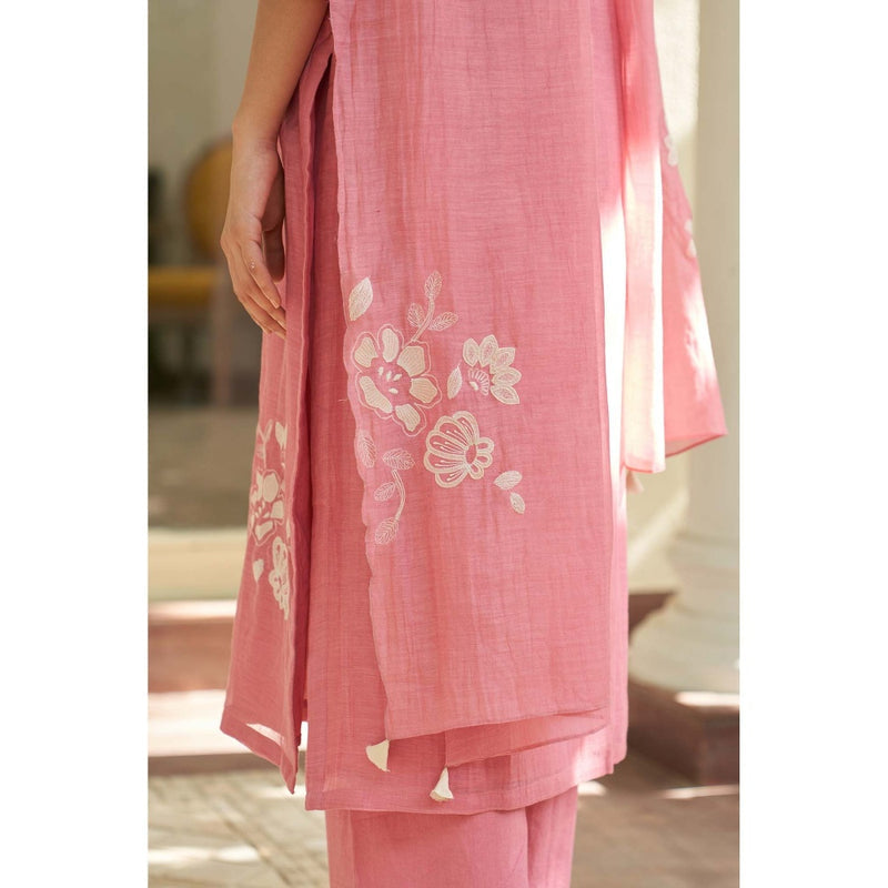 Vaayu Pink Peony Applique Kurta with Pant and Dupatta