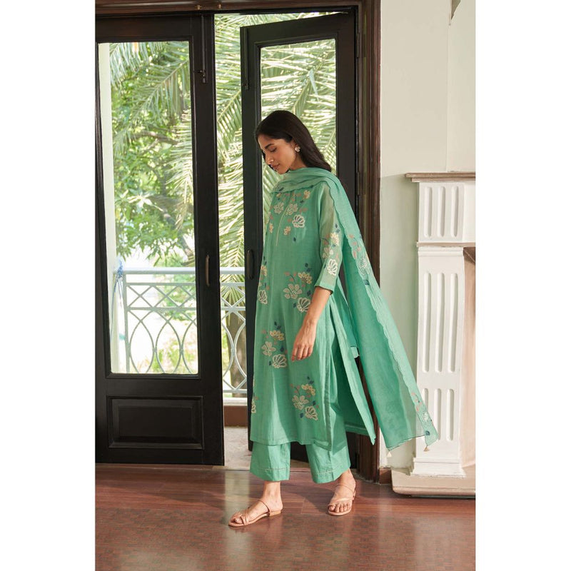 Vaayu Green Mint Floral Kurta with Pant and Dupatta