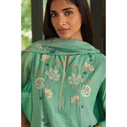 Vaayu Green Mint Floral Kurta with Pant and Dupatta