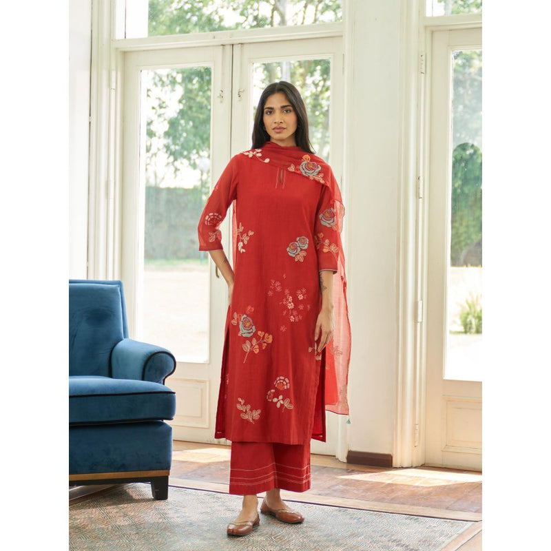 Vaayu Red Poppy Applique Embroidered Kurta with Pant and Dupatta