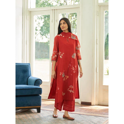 Vaayu Red Poppy Applique Embroidered Kurta with Pant and Dupatta
