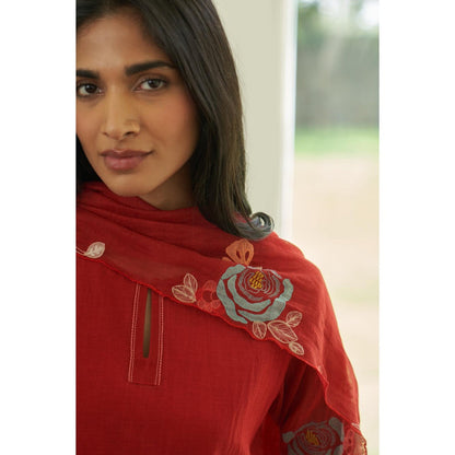 Vaayu Red Poppy Applique Embroidered Kurta with Pant and Dupatta