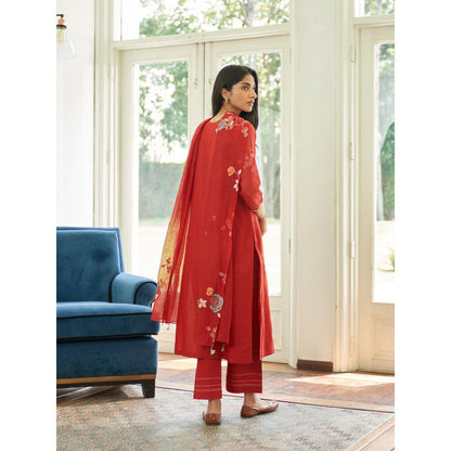 Vaayu Red Poppy Applique Embroidered Kurta with Pant and Dupatta