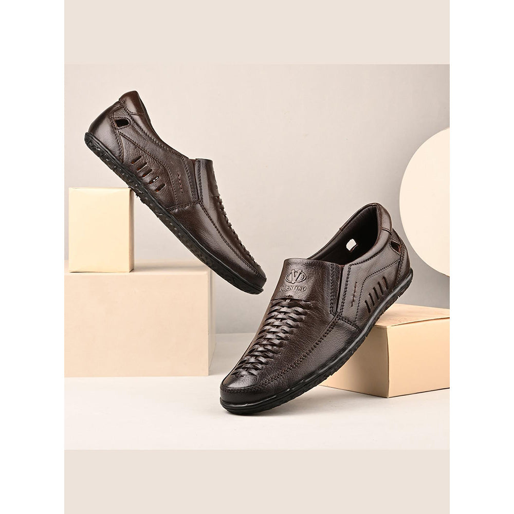 Valentino Men Premium Leather Brown Slip-On Formal Loafer Shoes