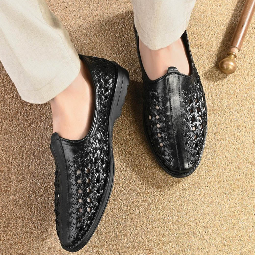 Valentino Men Premium Leather Ethnic Handwoven Slip-On Loafers